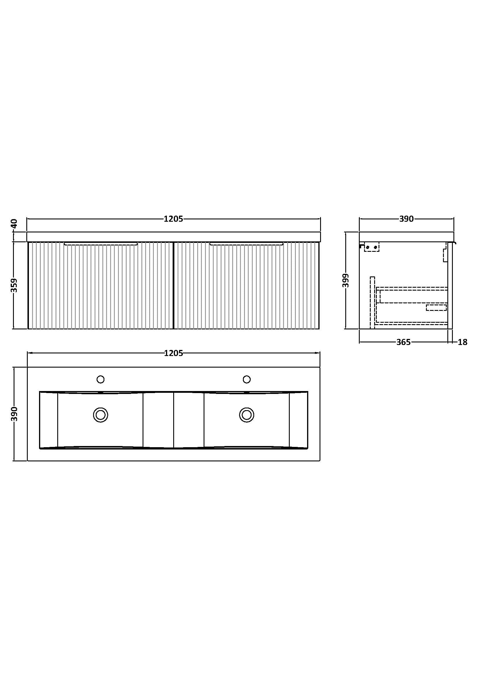 Hudson Reed Fluted 1200mm Wall Hung 2-Drawer Vanity and Double Basin