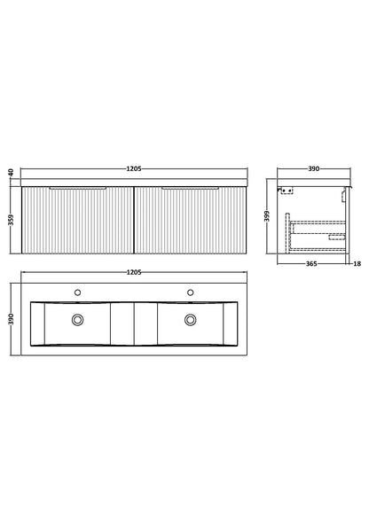 Hudson Reed Fluted 1200mm Wall Hung 2-Drawer Vanity and Double Basin
