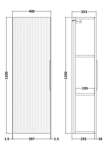 Hudson Reed Fluted 400mm 1 Door Satin White Wall Hung Tall Cabinet With Handles