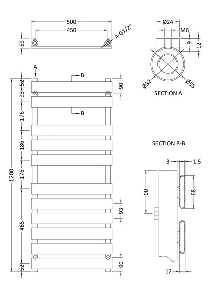 Heated Towel Rail 1200 x 500mm
