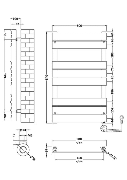 Electric Square Flat Towel Rail with 8 Bars, 840mm x 500mm