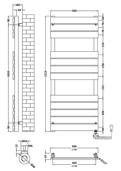 Electric Square Flat Towel Rail with 12 Bars, 1213mm x 500mm