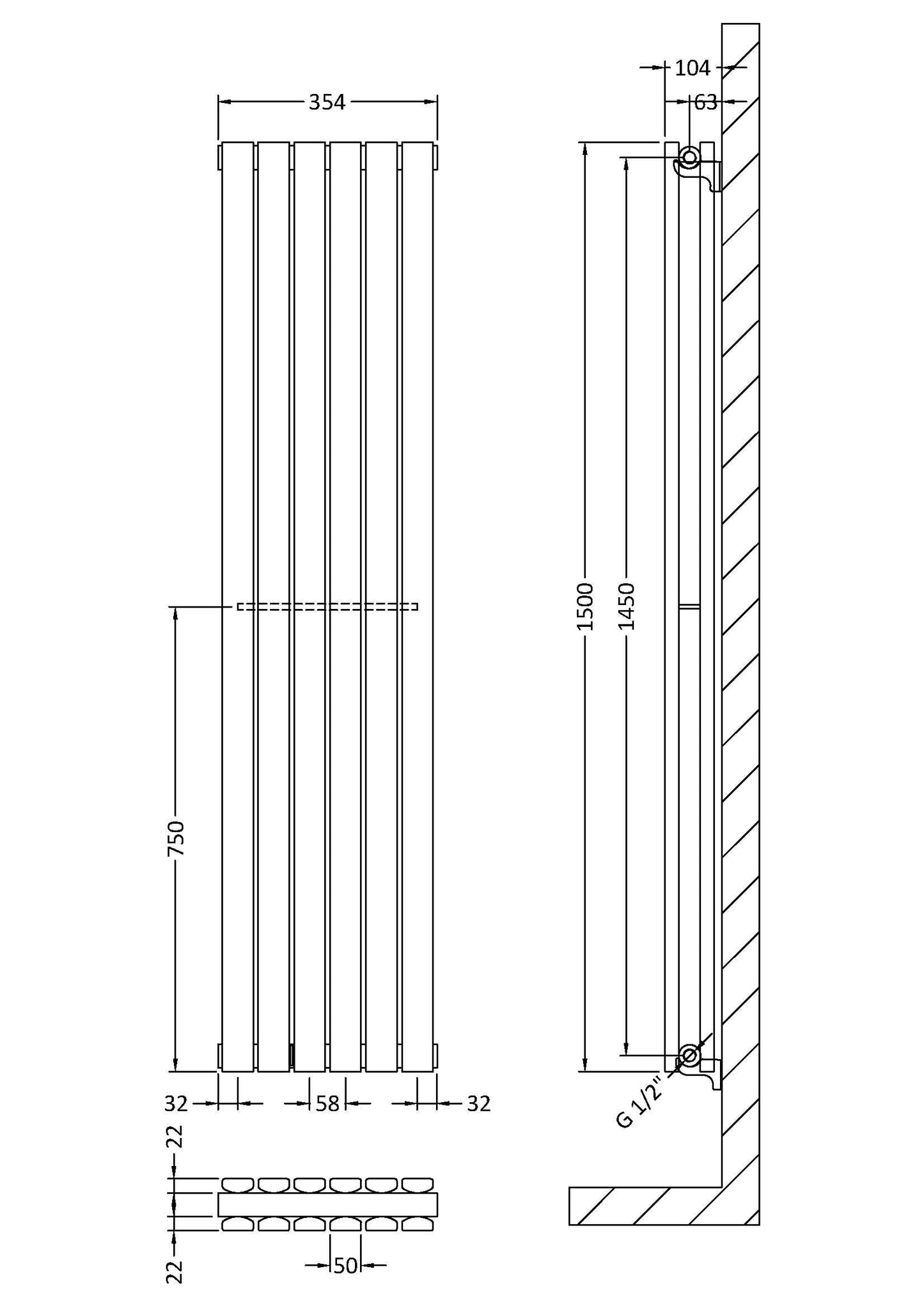 Vertical Double Panel Radiator 1500 x 354mm