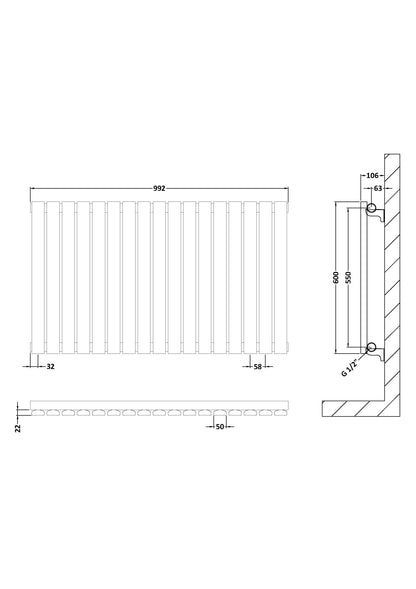 Horizontal Single Panel Radiator 600 x 992mm