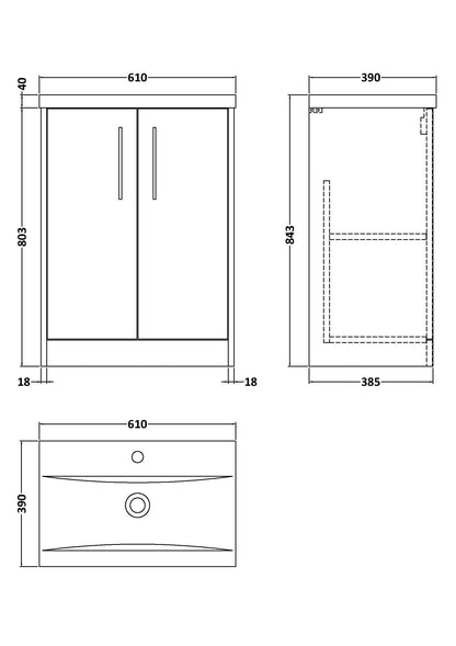Hudson Reed Juno 600mm Autumn Oak Floor Standing 2-Door Vanity Unit with 1 Tap Hole Basin