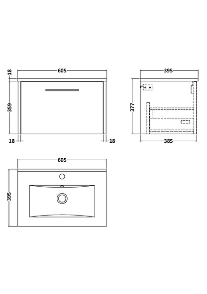 Hudson Reed Juno 600mm Autumn Oak Wall Hung Single Drawer Vanity Unit With 1 Tap Hole Basin