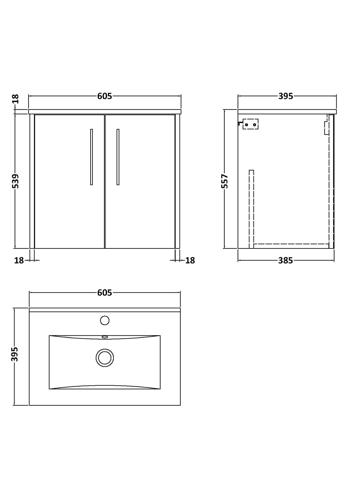 Hudson Reed Juno 600mm Wall Hung 2-Door Vanity Unit with 1 Tap Hole Basin