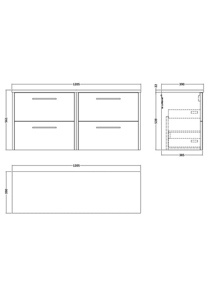 Hudson Reed Juno 1200mm Wall Hung 4-Drawer Vanity Unit With Laminate Worktop & Handles