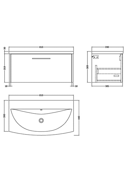 Hudson Reed Juno 800mm Wall Hung Single Drawer Vanity Unit with Curved 1 Tap Hole Basin
