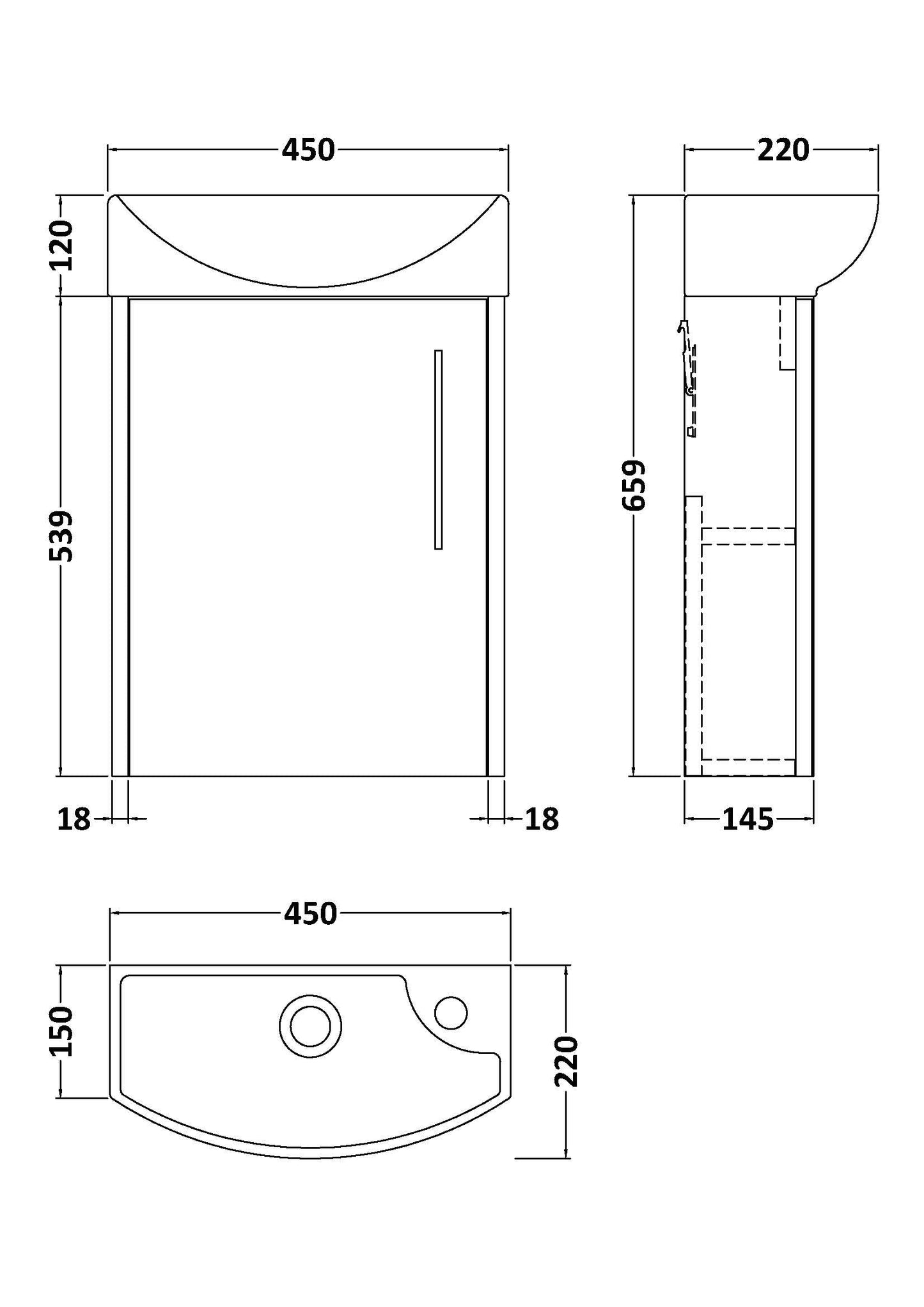 Hudson Reed Juno Compact 440mm Left Hand Wall Hung Vanity Unit With 1 Tap Hole Basin