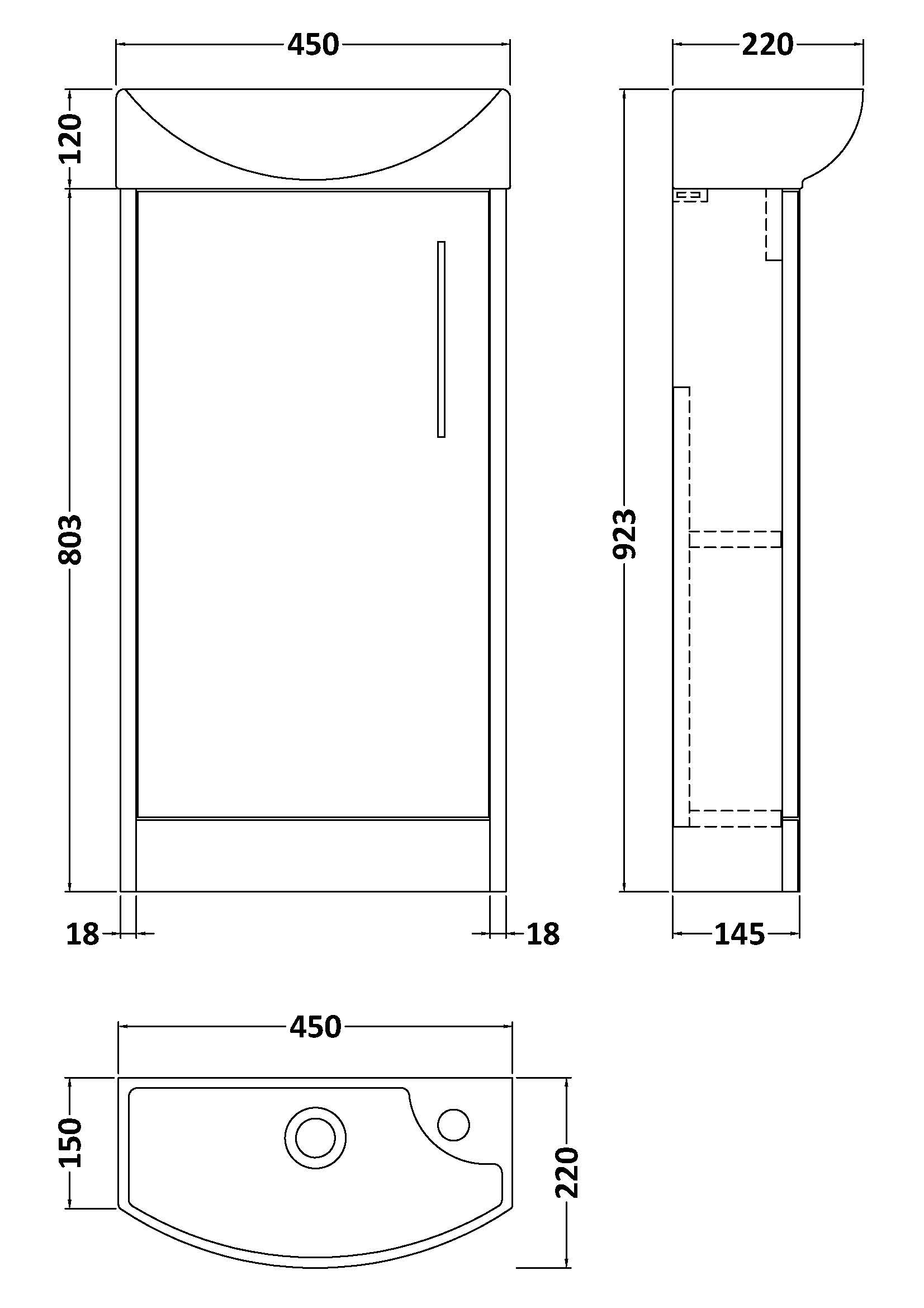 Juno Compact 440mm Floor Standing Single Door Unit and 1 Tap Hole Basin Left Hand