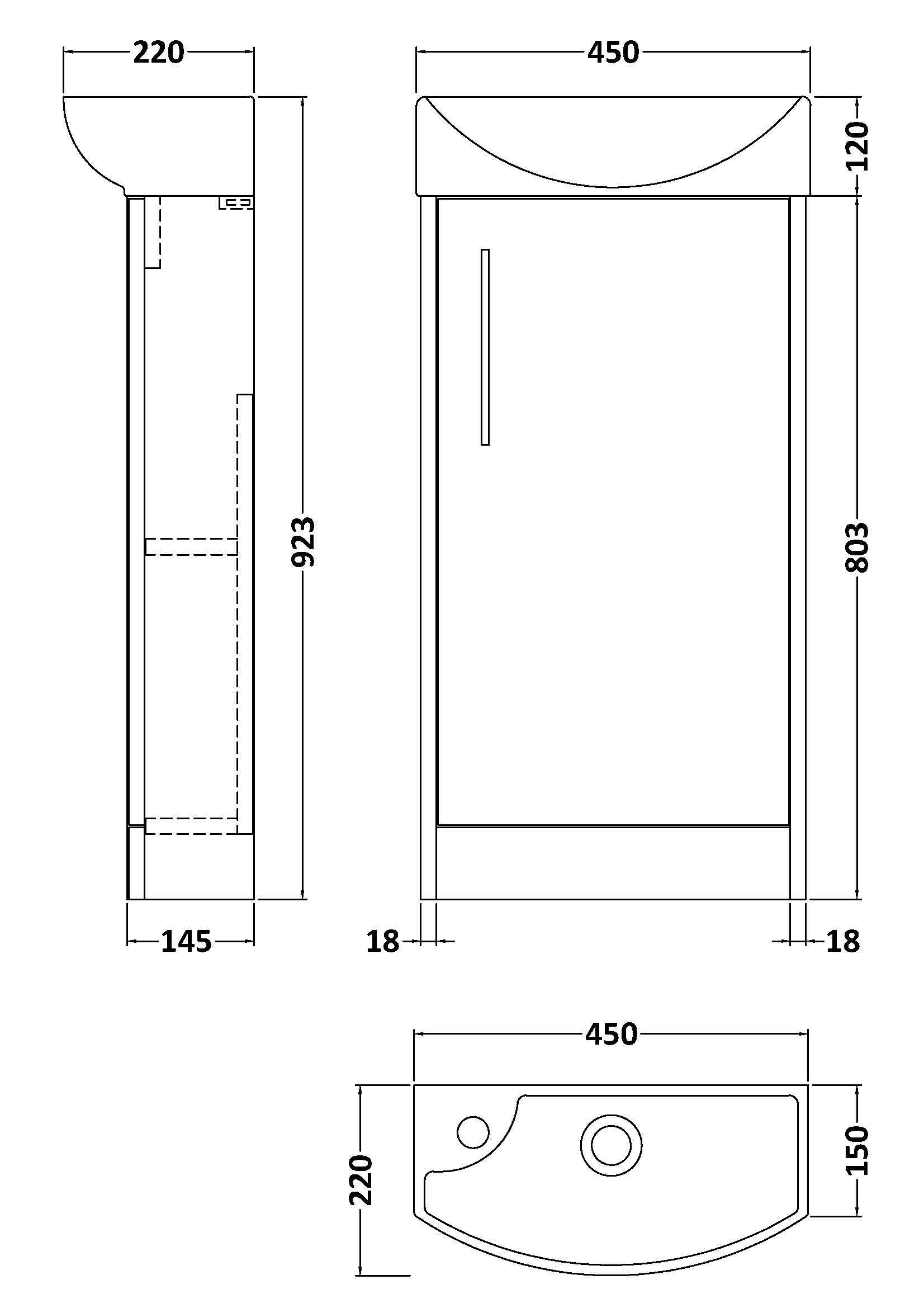 Hudson Reed Juno Compact 450mm Floor Standing Single Door Unit With Right Hand 1 Tap Hole Basin