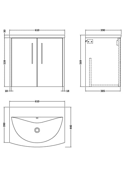 Hudson Reed Juno 600mm Wall Hung 2-Door Vanity Unit With 1 Tap Hole Basin