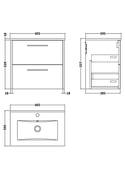 Hudson Reed Juno 600mm Wall Hung Graphite Grey 2-Drawer Vanity Unit with 1 Tap Hole Basin