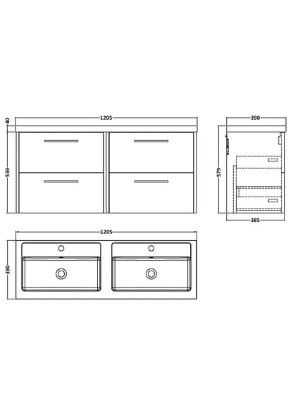 Hudson Reed Juno 1200mm Wall Hung Graphite Grey Vanity Unit with Double Polymarble Basin