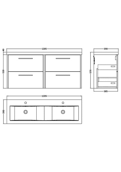 Hudson Reed Juno 1200mm Graphite Grey Wall Hung Double Basin Vanity Unit With Handles