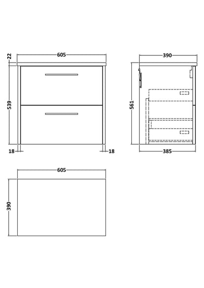 Hudson Reed Juno 600mm Graphite Grey Wall Hung 2-Drawer Vanity Unit With Laminate Top & Soft Close Drawers