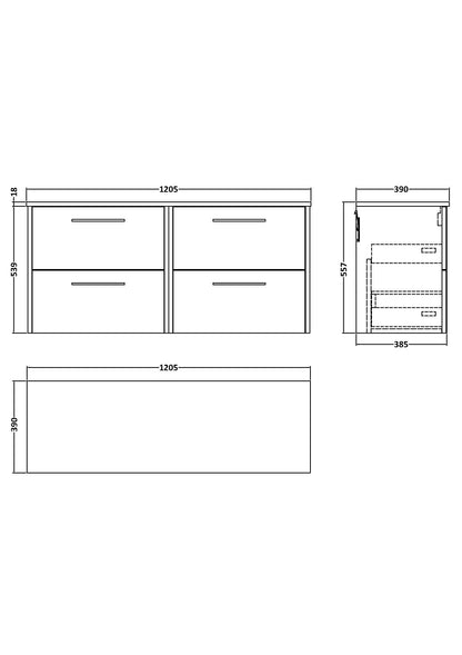 Hudson Reed Juno 1200mm Wall Hung 4-Drawer Vanity Unit Including Worktop