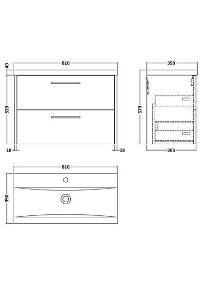 Hudson Reed Juno 800mm Graphite Grey Wall Hung 2-Drawer Vanity Unit With 1 Tap Hole Basin