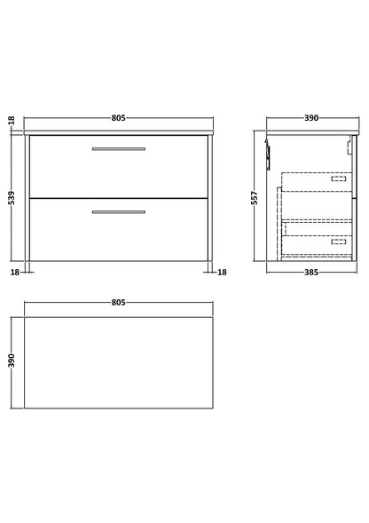 Hudson Reed Juno 800mm Graphite Grey Wall Hung 2-Drawer Vanity Unit With Worktop