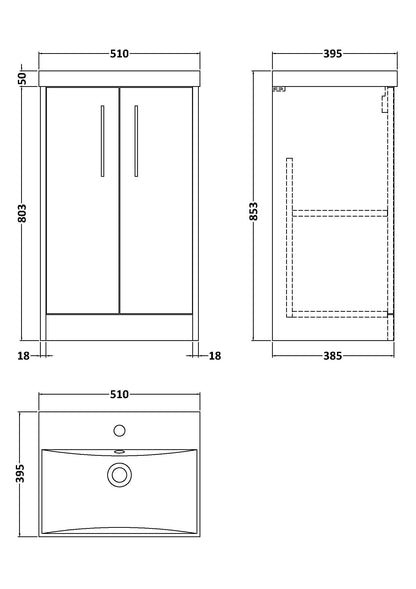 Hudson Reed Juno 500mm Coastal Grey Floor Standing 2-Door Vanity Unit With 1 Tap Hole Basin
