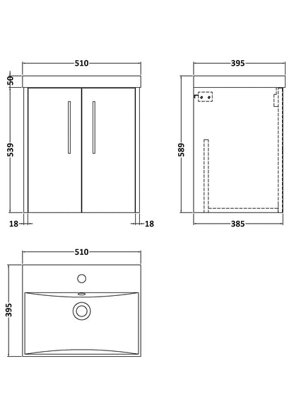 Hudson Reed Juno 500mm Coastal Grey Wall Hung 2-Door Vanity with Thin-Edge 1 Tap Hole Basin