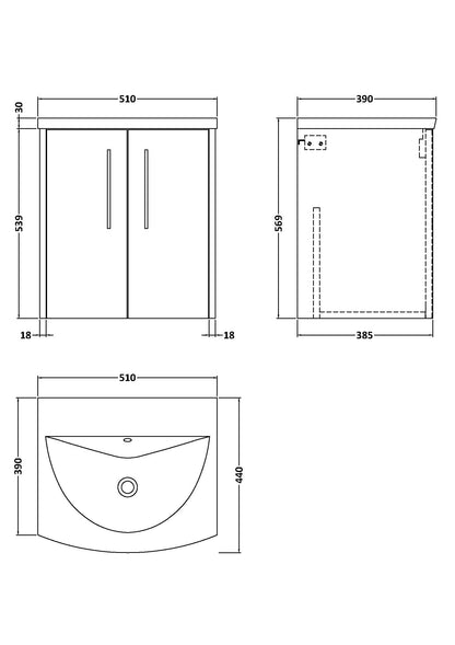 Hudson Reed Juno 500mm Coastal Grey Wall Hung 2-Door Vanity Unit with 1 Tap Hole Basin
