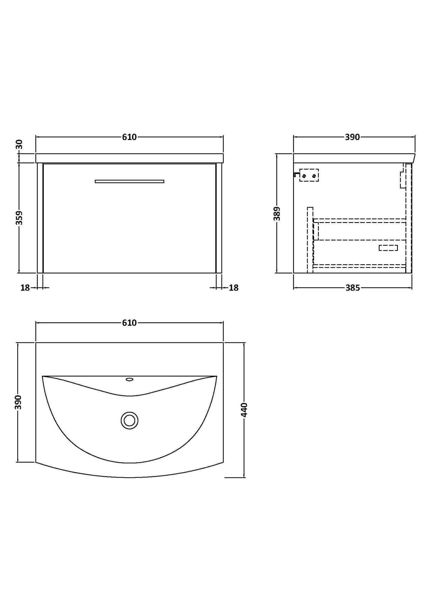 Hudson Reed Juno 600mm Wall Hung Single Drawer Vanity Unit & Basin