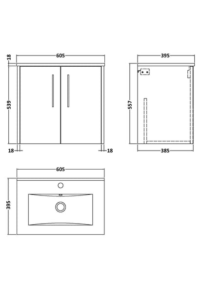 Hudson Reed Juno 600mm Coastal Grey Wall Hung 2-Door Vanity Unit with 1 Tap Hole Basin