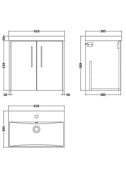 Hudson Reed Juno 600mm Coastal Grey Wall Hung 2-Door Vanity Unit with Basin and 1 Tap Hole