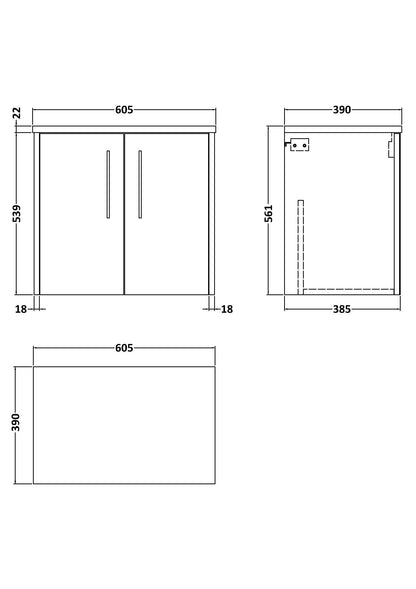 Hudson Reed Juno 600mm Wall Hung 2-Door Coastal Grey Vanity Unit With Laminate Worktop