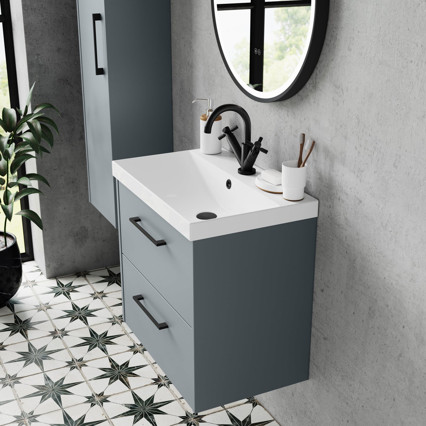Hudson Reed Juno 600mm Coastal Grey Wall Hung 2-Drawer Soft Close Vanity Unit With 1 Tap Hole Basin