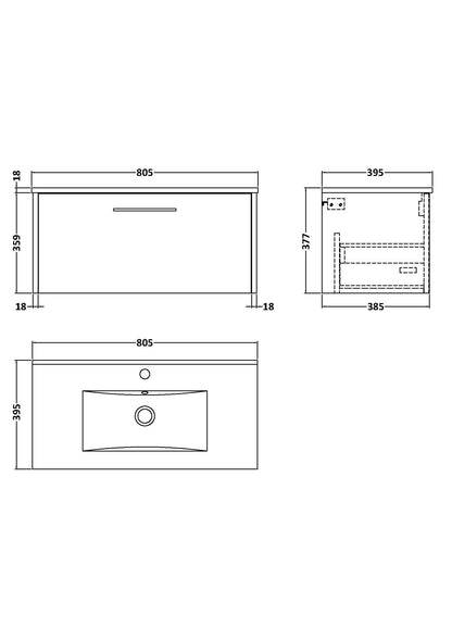 Hudson Reed Juno 800mm Coastal Grey Wall Hung Single Drawer Vanity Unit with 1 Tap Hole Basin