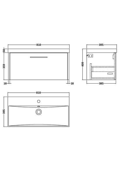 Hudson Reed Juno 800mm Coastal Grey Wall Hung Single Drawer Vanity Unit With Thin-Edge Basin