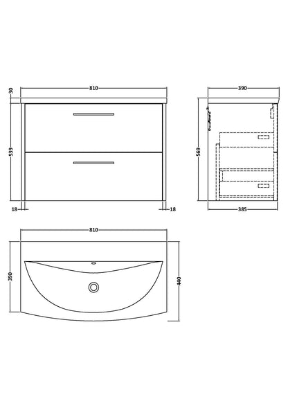 Hudson Reed Juno 800mm Coastal Grey Wall Hung 2-Drawer Vanity Unit with Curved 1 Tap Hole Basin