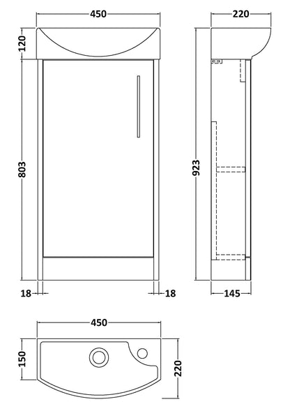 Juno Compact Floor Standing 1 Door Unit & 1 Tap Hole Ceramic Basin Left Hand, 440mm