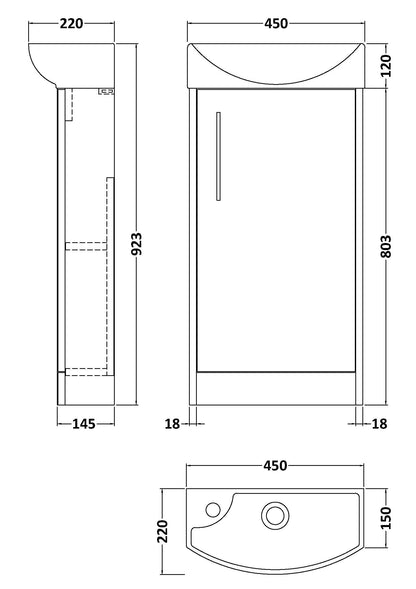 Hudson Reed Juno Compact 450mm Metallic Slate Floor Standing 1 Door Basin Unit With 1 Tap Hole Right Hand