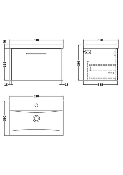 Hudson Reed Juno 600mm Wall Hung 1 Drawer Vanity Unit with Basin