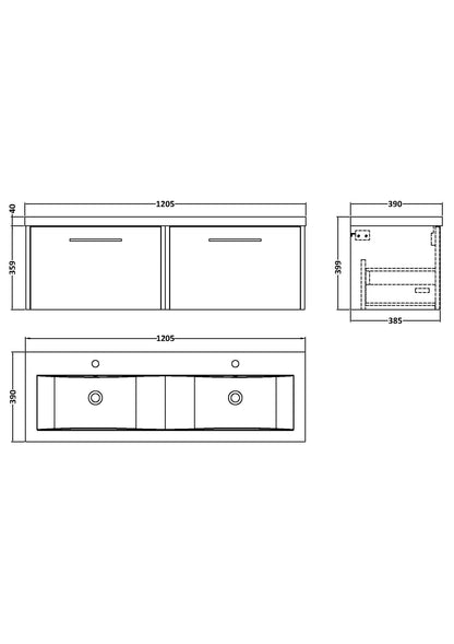 Hudson Reed Juno 1200mm Wall Hung 2 Drawer Vanity Unit & Double Basin With Handles