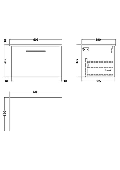 Hudson Reed Juno 600mm Wall Hung 1 Drawer Vanity Unit With Worktop