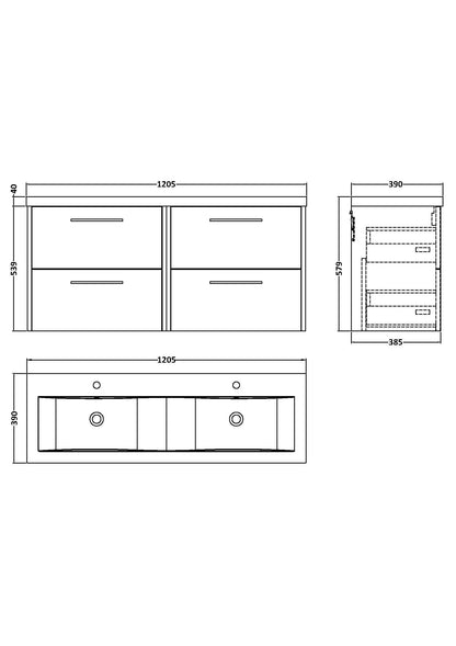 Hudson Reed Juno 1200mm Wall Hung 4 Drawer Vanity Unit & Double Basin with 2 Tap Holes