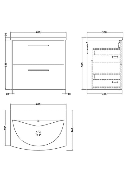 Hudson Reed Juno 600mm Wall Hung 2 Drawer Vanity Unit Including Curved Ceramic Basin