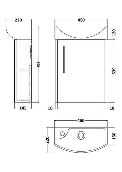 Hudson Reed Juno Compact 450mm Right Hand Wall Hung 1 Door Vanity Unit with 1 Tap Hole Ceramic Basin