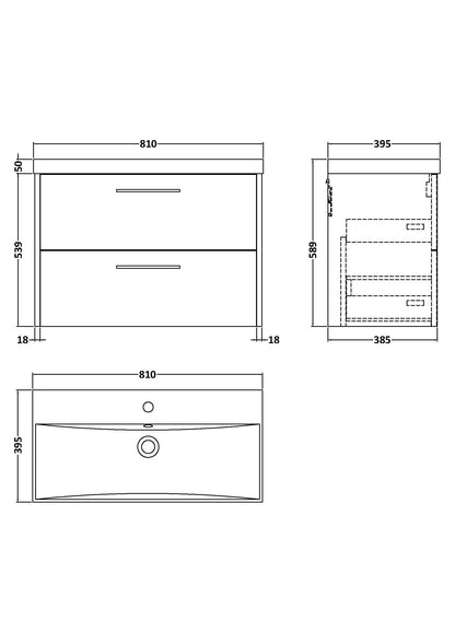 Hudson Reed Juno 800mm Midnight Blue Wall Hung 2-Drawer Vanity Unit & Basin
