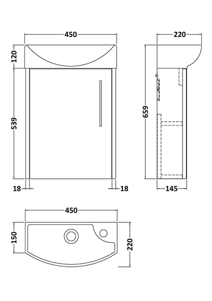 Hudson Reed Juno Compact 440mm Midnight Blue Wall Hung 1-Door Vanity Unit With 1 Tap Hole Basin
