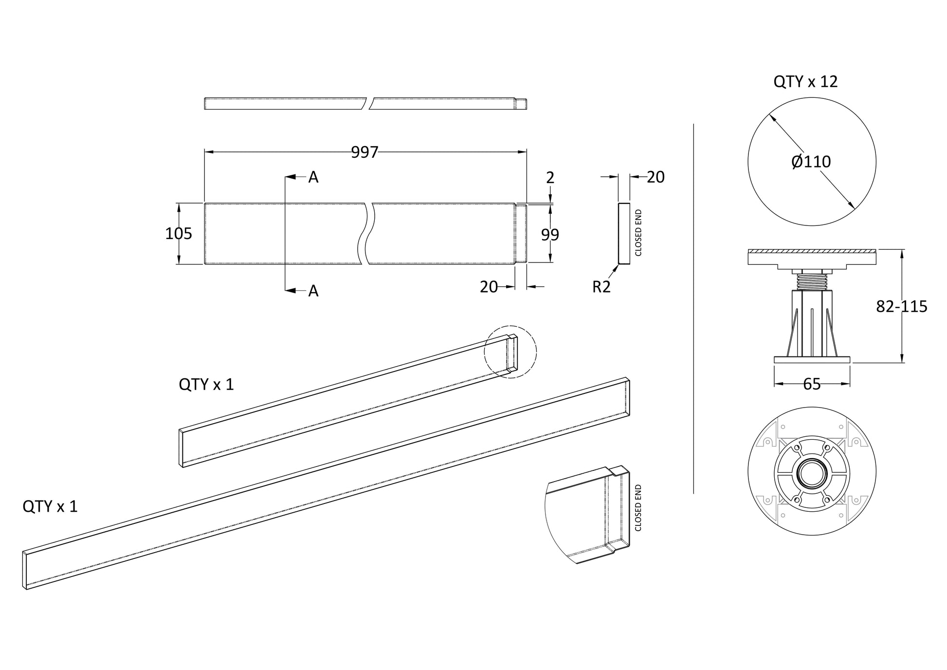 Hudson Reed 1300-1800mm Shower Tray Leg Set With Plinth, Legs, Clips & Screws