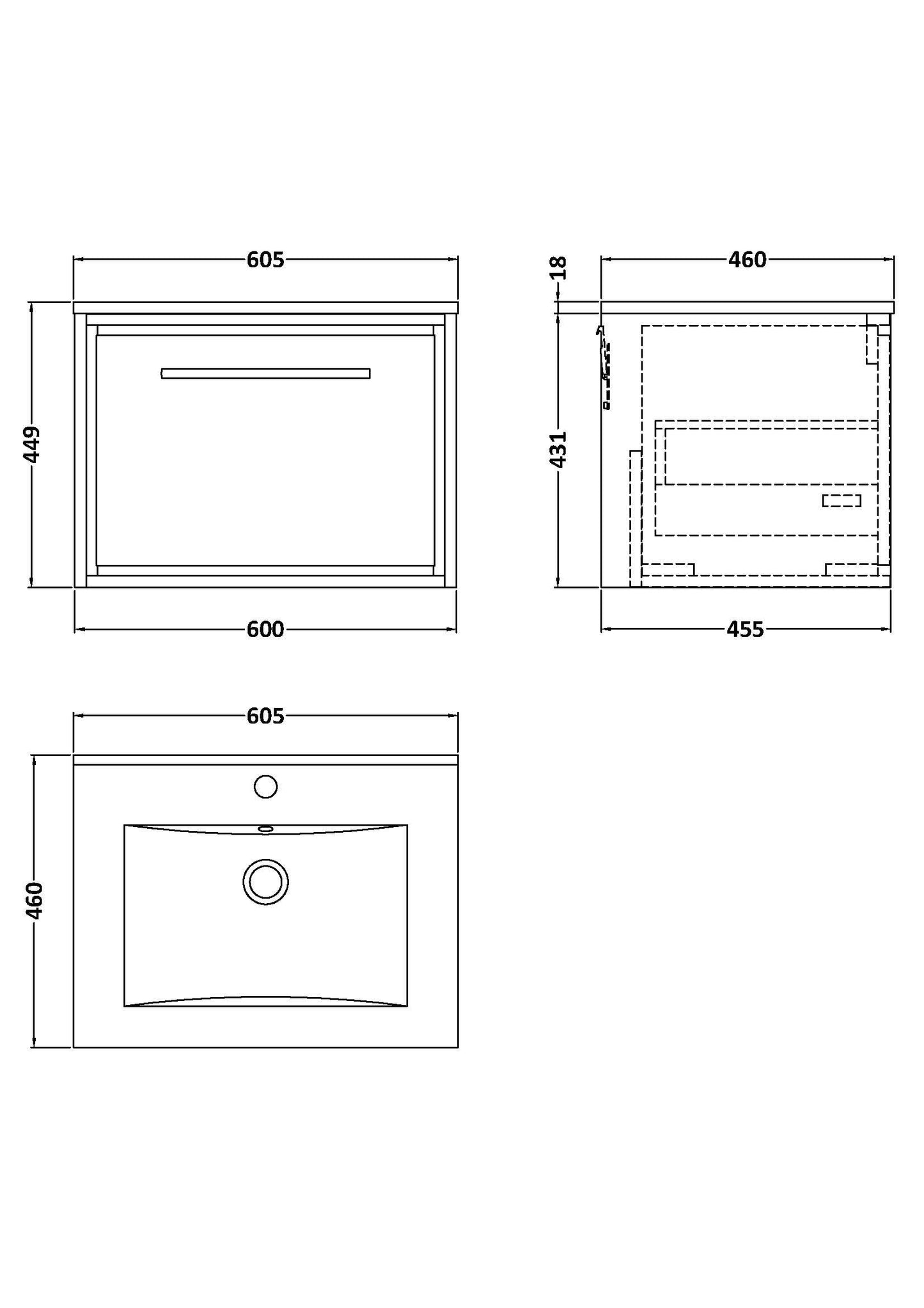 Lille 600mm Wall Hung Single Drawer Vanity with Basin - 1 Tap Hole