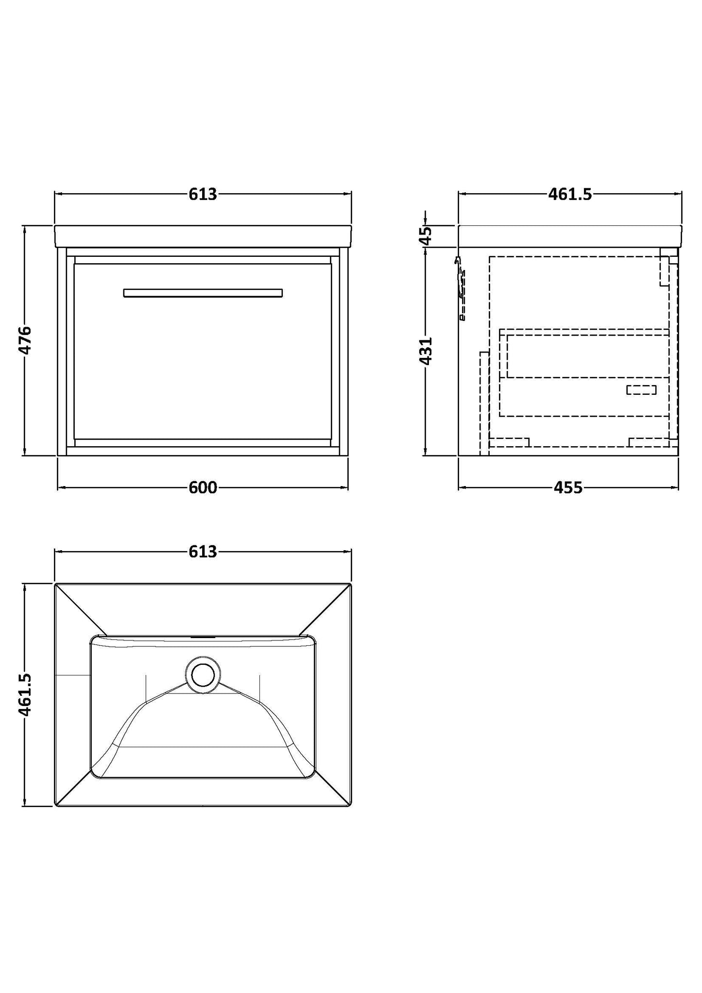 Hudson Reed Lille 600mm Wall Hung Single Drawer Vanity with Basin - Graphite Grey Woodgrain, No Tap Hole
