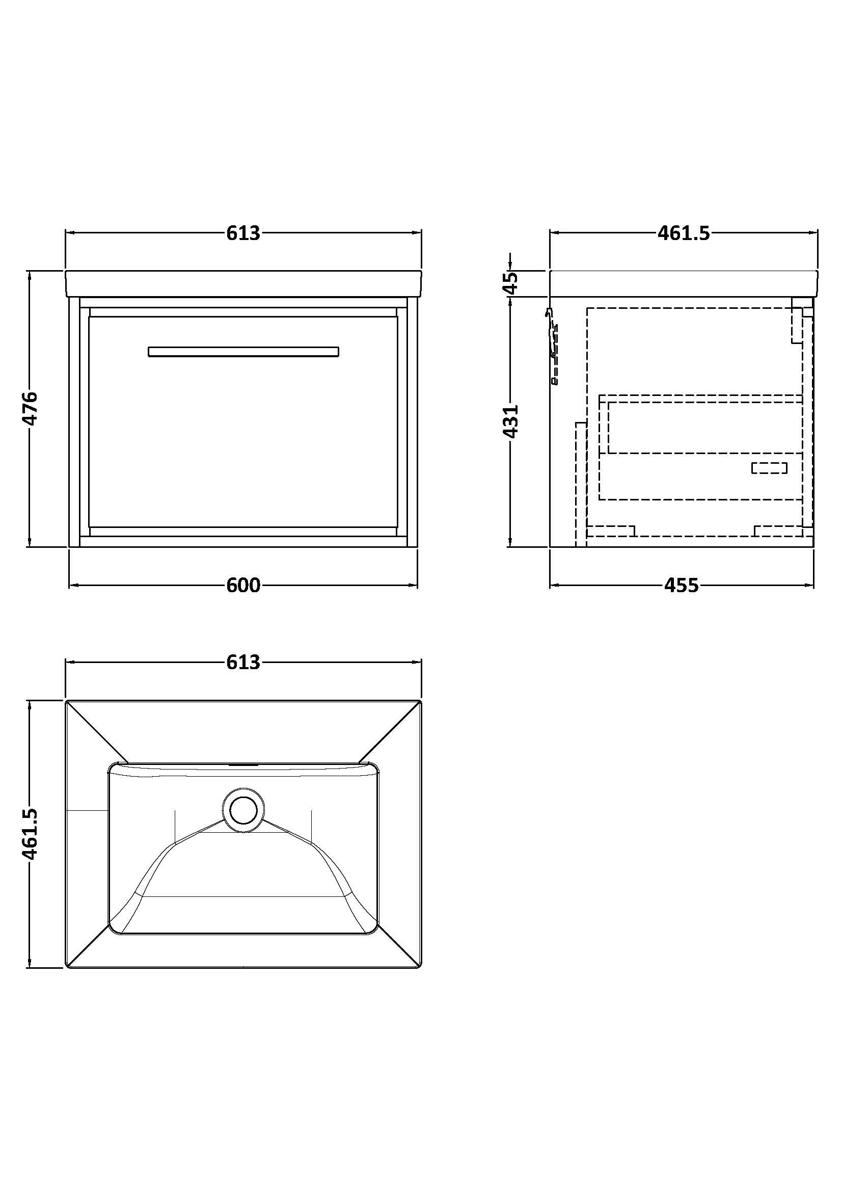 Hudson Reed Lille 600mm Wall Hung Single Drawer Vanity with Basin - Graphite Grey Woodgrain, No Tap Hole