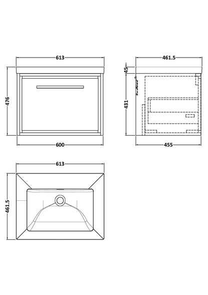 Hudson Reed Lille 600mm Wall Hung Single Drawer Vanity with Basin - Graphite Grey Woodgrain, No Tap Hole